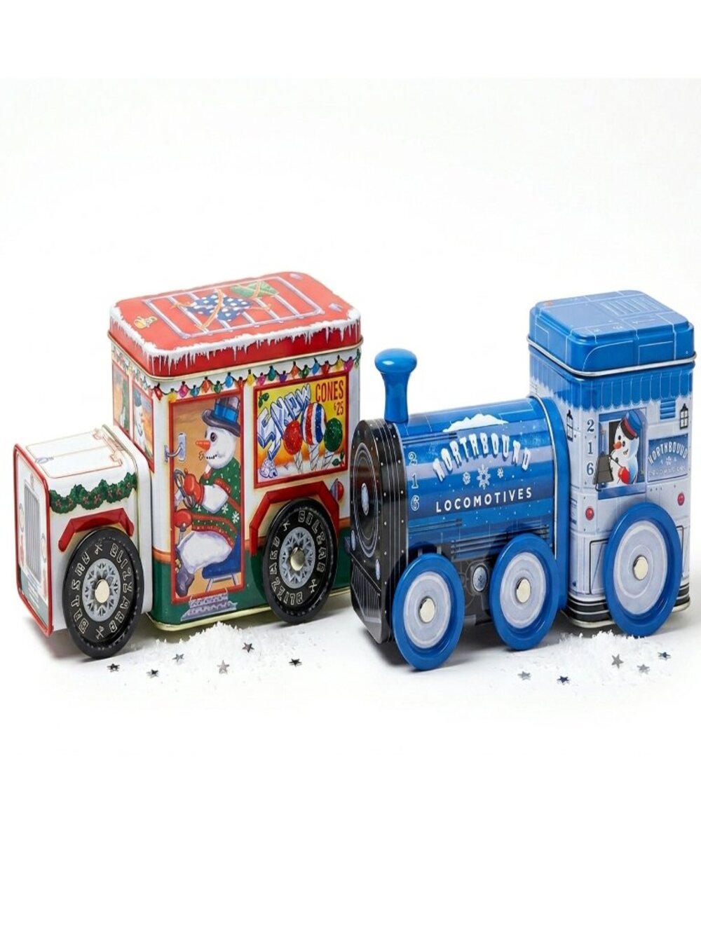VTG Holiday Metal Tin Set: Snowman Snow Cones Food Truck & Locomotive Train